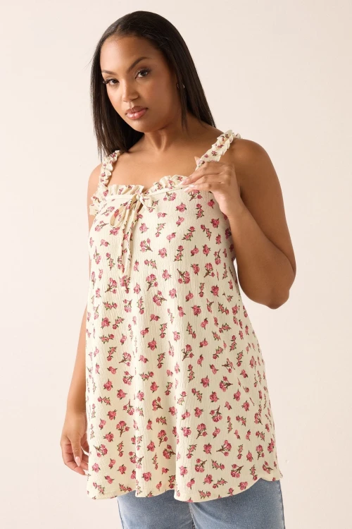 Büyük Beden Çiçek Desenli Bürümcük Kumaş Kare Yaka Kolsuz Bluz 322688