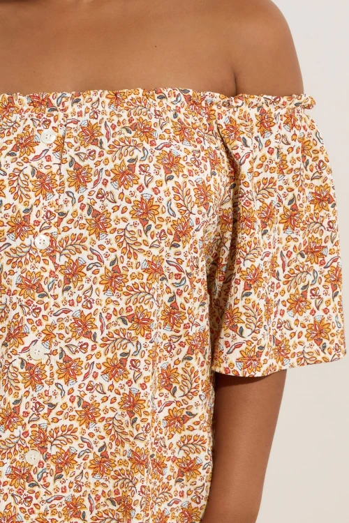 Büyük Beden Düşük Omuzlu Kısa Kollu Düğme Detaylı Desenli Bluz 322680