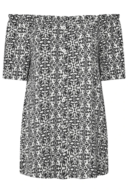 Büyük Beden Düşük Omuzlu Kısa Kollu Düğme Detaylı Desenli Bluz 322679