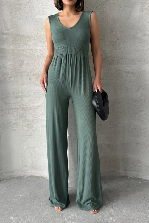 Büyük Beden Fitilli Kumaştan Beli Lastikli Sırt Detaylı Paçası Uzun Tulum 198140