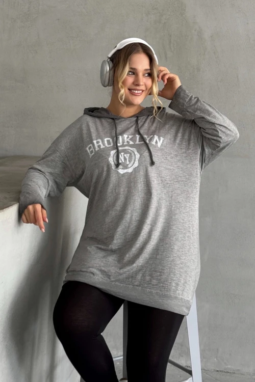 Büyük Beden Kapüşonlu Uzun Kollu Baskılı Sweatshirt 301145