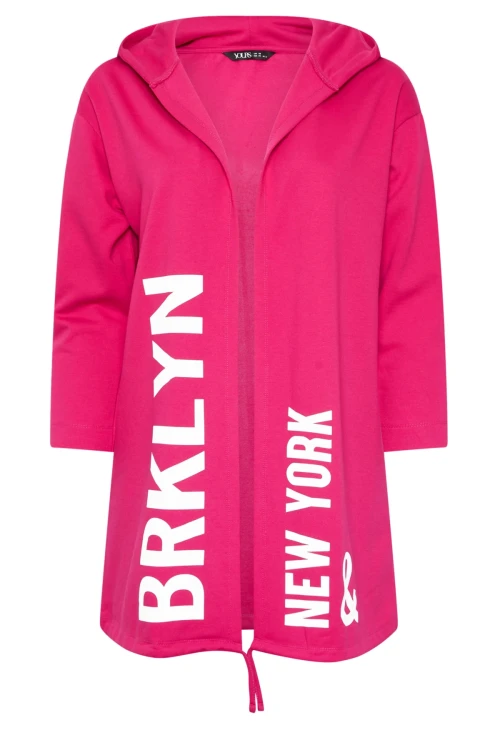 Büyük Beden Kapüşonlu Uzun Kollu Yazı Baskılı Cepsiz Hırka 303983