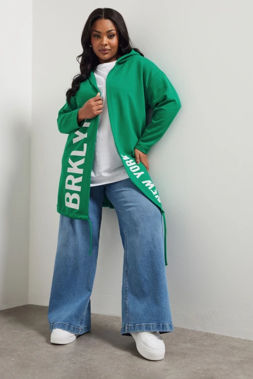 Büyük Beden Kapüşonlu Uzun Kollu Yazı Baskılı Cepsiz Hırka 303984