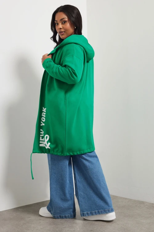 Büyük Beden Kapüşonlu Uzun Kollu Yazı Baskılı Cepsiz Hırka 303984