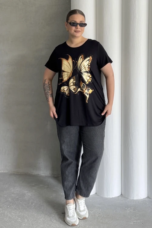 Büyük Beden Kelebek Baskılı Parlak Simli T-shirt 302275