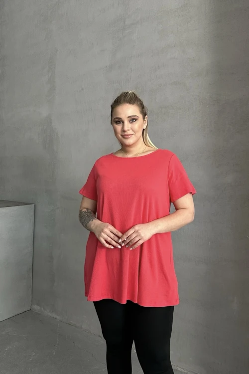 Büyük Beden Kısa Kollu Bisiklet Yaka Eteği Bollaşan Basic Bluz 100-50