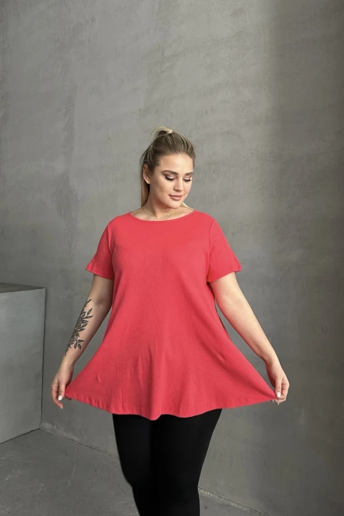 Büyük Beden Kısa Kollu Bisiklet Yaka Eteği Bollaşan Basic Bluz 100-50