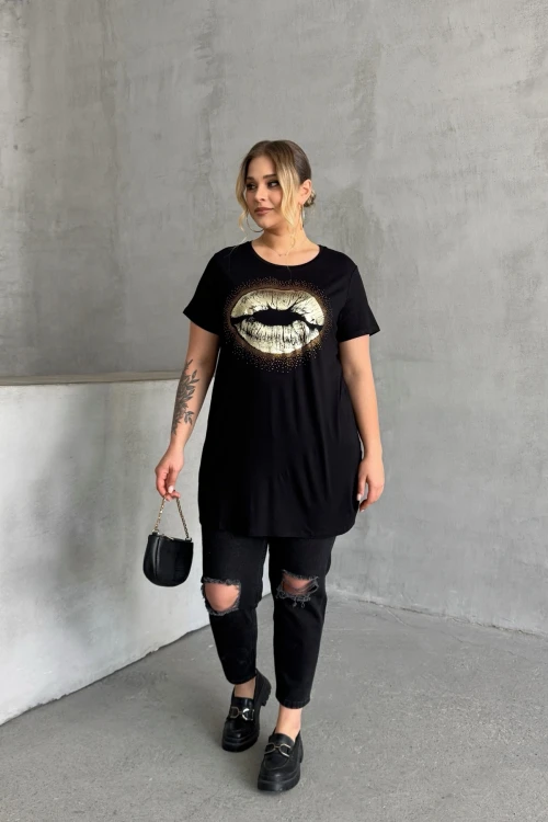 Büyük Beden Kısa Kollu Bisiklet Yaka Taş İşlemeli T-shirt 302264