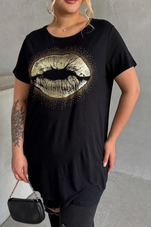 Büyük Beden Kısa Kollu Bisiklet Yaka Taş İşlemeli T-shirt 302264