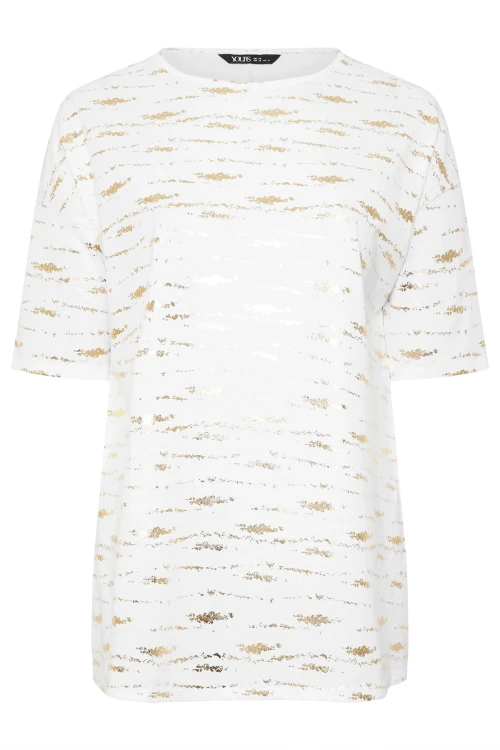 Büyük Beden Kısa Kollu Bisiklet Yaka Yanları Yırtmaçlı Metalik Baskılı T-shirt 303955