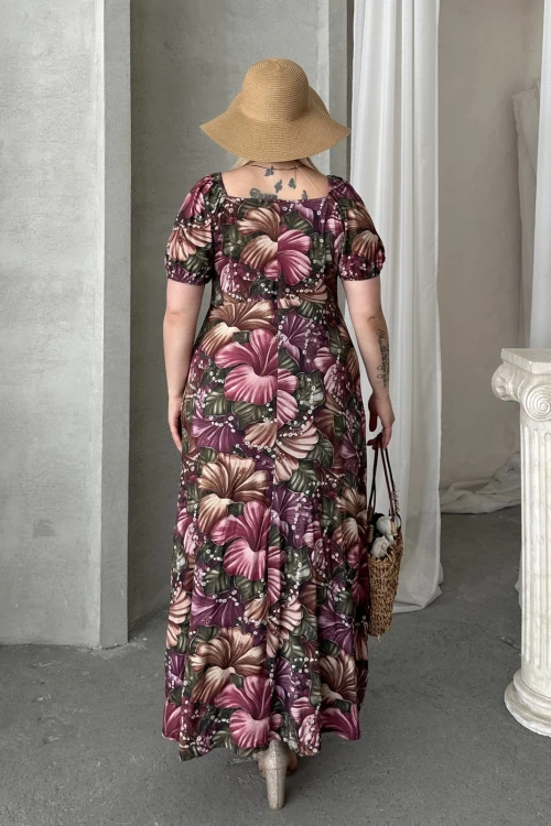 Büyük Beden Kısa Kollu Prenses Yaka Çiçek Desenli Maxi Elbise 74-80