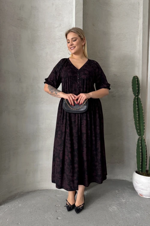 Büyük Beden Kısa Kollu V Yaka Önü Düğmeli Beli Lastikli Elbise 303699