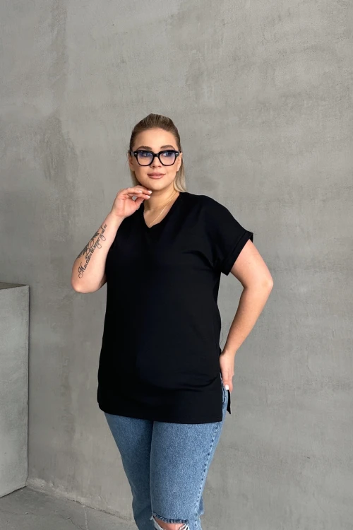 Büyük Beden Kısa Kollu V Yaka Yanları Yırtmaçlı Basic T-shirt RFT-02