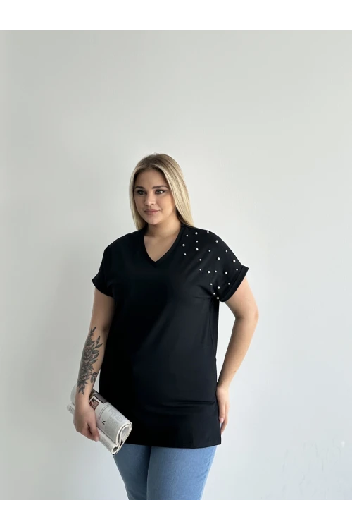 Büyük Beden Kısa Kollu V Yaka Yanları Yırtmaçlı Boncuklu Basic T-shirt RFT-04