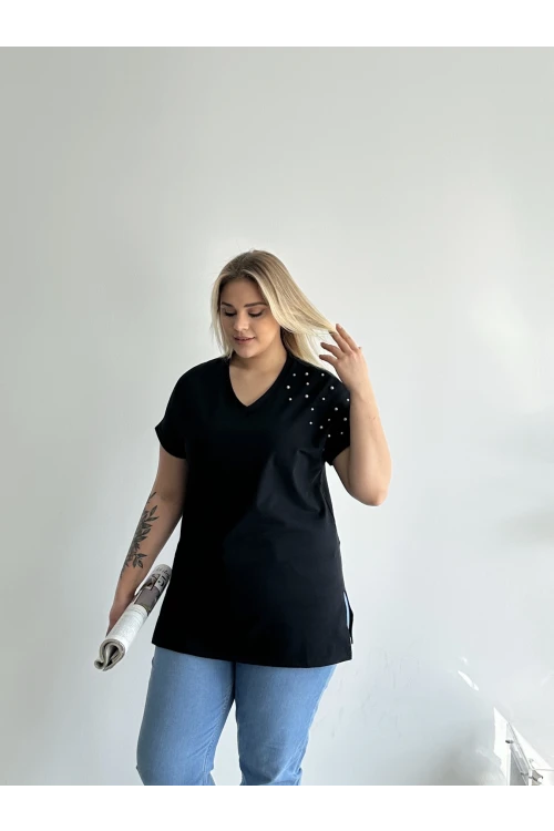 Büyük Beden Kısa Kollu V Yaka Yanları Yırtmaçlı Boncuklu Basic T-shirt RFT-04