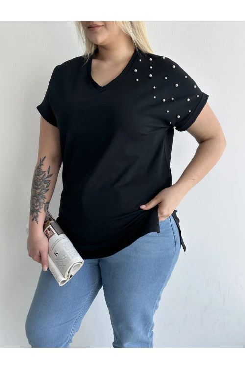 Büyük Beden Kısa Kollu V Yaka Yanları Yırtmaçlı Boncuklu Basic T-shirt RFT-04