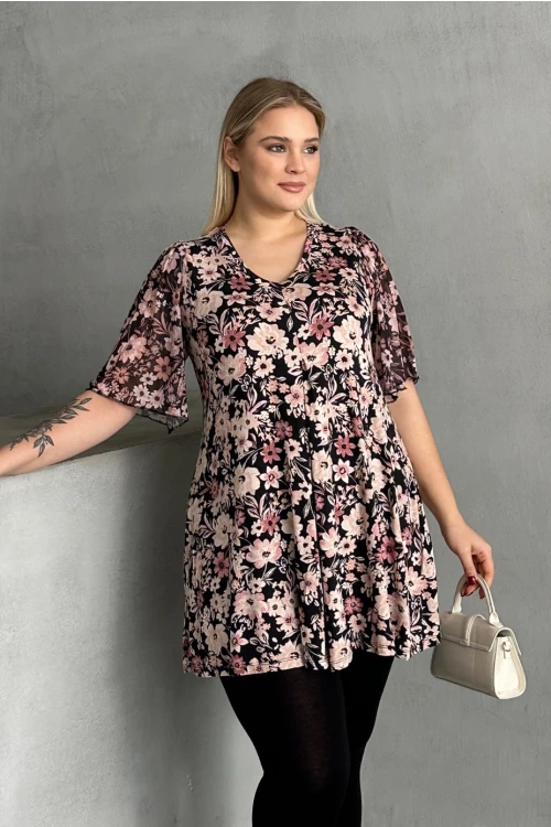 Büyük Beden Kısa Tül Kollu V Yaka Önü Pileli Bluz 321996