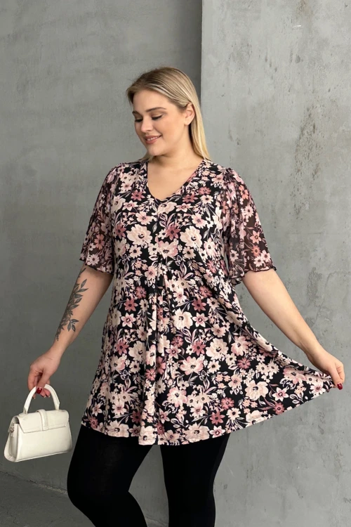 Büyük Beden Kısa Tül Kollu V Yaka Önü Pileli Bluz 321996