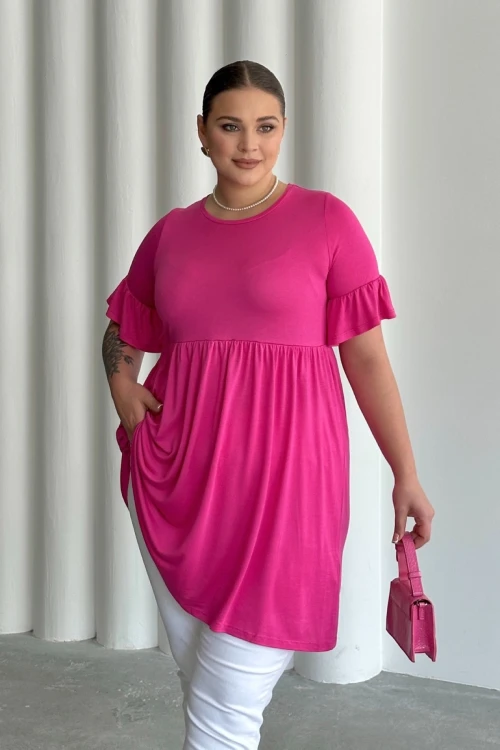 Büyük Beden Kol Detaylı Beli Lastikli Pileli Tunik T-shirt T41