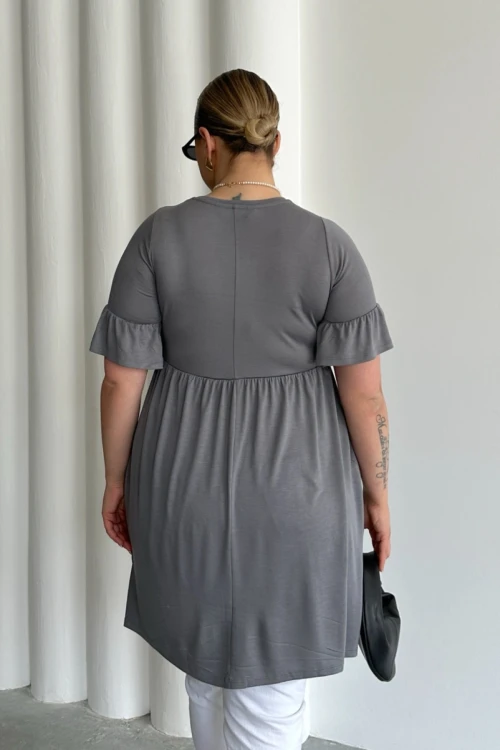 Büyük Beden Kol Detaylı Beli Lastikli Pileli Tunik T-shirt T43