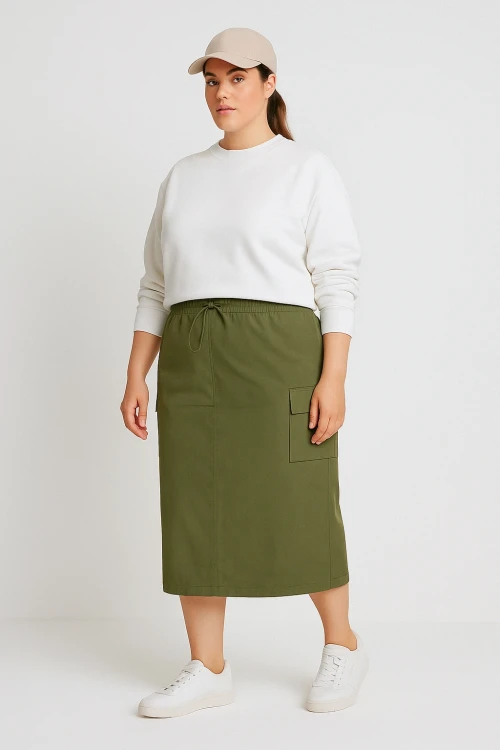 Büyük Beden Midi Boy Beli Büzgülü Arkadan Yırtmaçlı Kargo Etek 302037