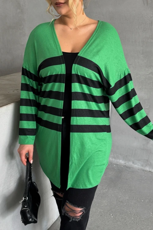 Büyük Beden Midi Boy Uzun Kollu Çizgili İnce Hırka 301568