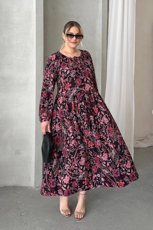 Büyük Beden Önü Bağlamalı Desenli Uzun Kollu Midi Elbise 615699