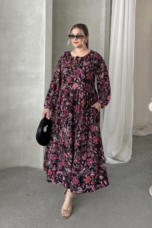 Büyük Beden Önü Bağlamalı Desenli Uzun Kollu Midi Elbise 615699