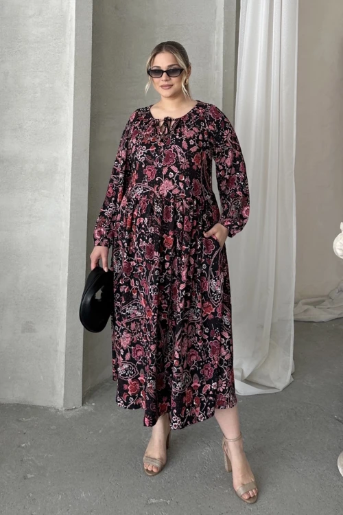 Büyük Beden Önü Bağlamalı Desenli Uzun Kollu Midi Elbise 615699