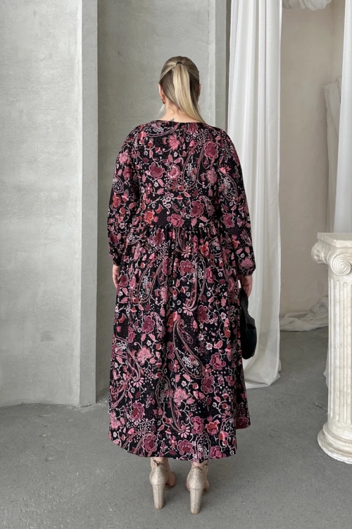 Büyük Beden Önü Bağlamalı Desenli Uzun Kollu Midi Elbise 615699