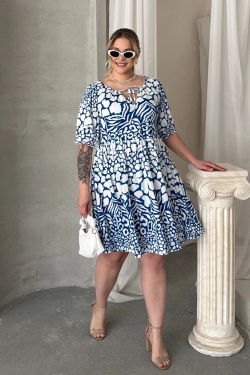 Büyük Beden Önü Bağlamalı Yarım Kollu Desenli Mini Elbise 101-9