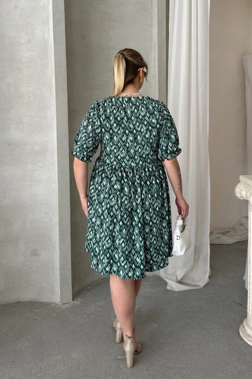 Büyük Beden Önü Bağlamalı Yarım Kollu Desenli Mini Elbise 101-8