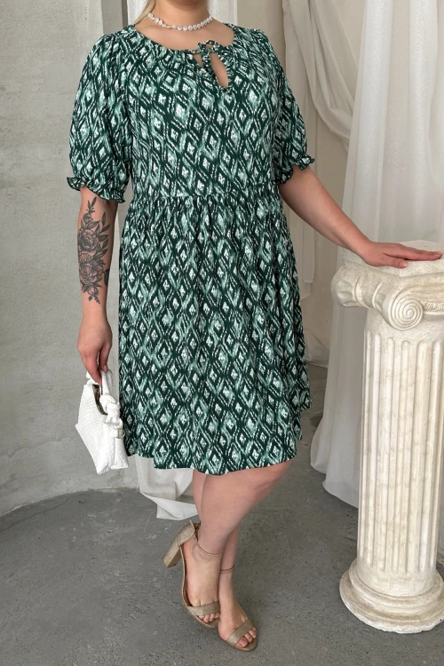 Büyük Beden Önü Bağlamalı Yarım Kollu Desenli Mini Elbise 101-8