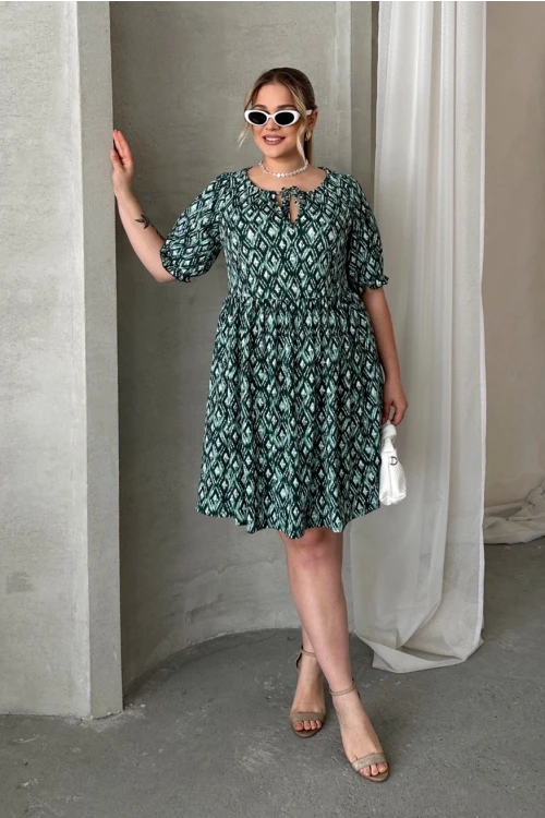 Büyük Beden Önü Bağlamalı Yarım Kollu Desenli Mini Elbise 101-8