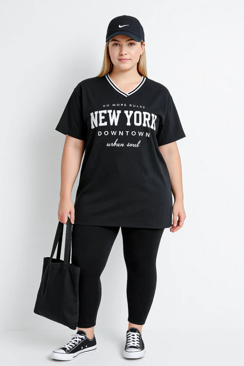 Büyük Beden Önü Baskılı V Yaka Yarım Kollu Uzun Kesim T-Shirt 302504