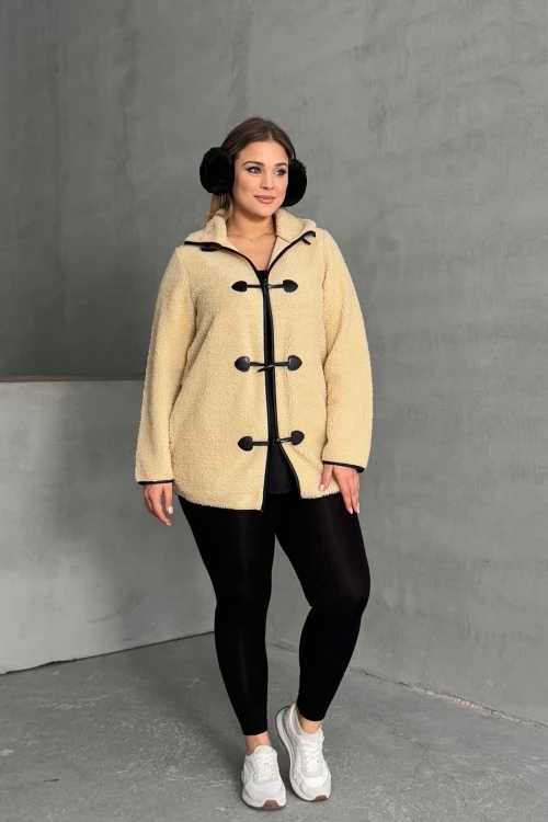 Büyük Beden Önü Kapamalı Cepli Uzun Kollu Peluş Mont 301815