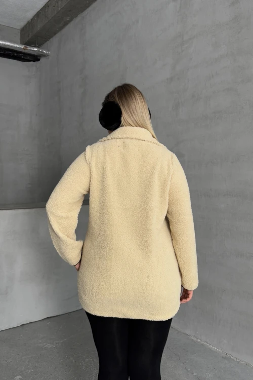 Büyük Beden Önü Kapamalı Cepli Uzun Kollu Peluş Mont 301815