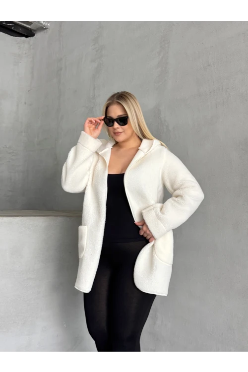 Büyük Beden Önü Kapamasız Cepli Kapüşonlu İnce Peluş Ceket 301256