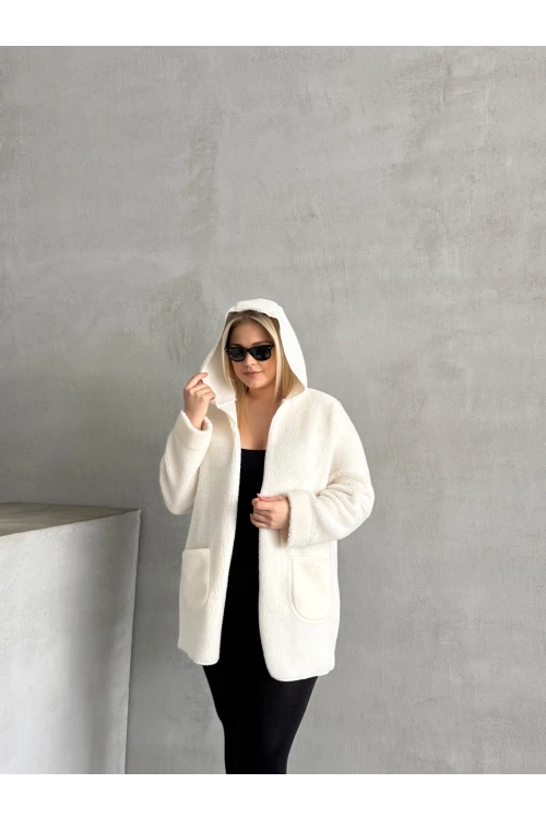 Büyük Beden Önü Kapamasız Cepli Kapüşonlu İnce Peluş Ceket 301256