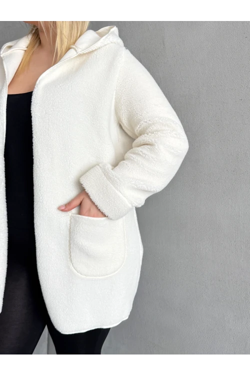 Büyük Beden Önü Kapamasız Cepli Kapüşonlu İnce Peluş Ceket 301256
