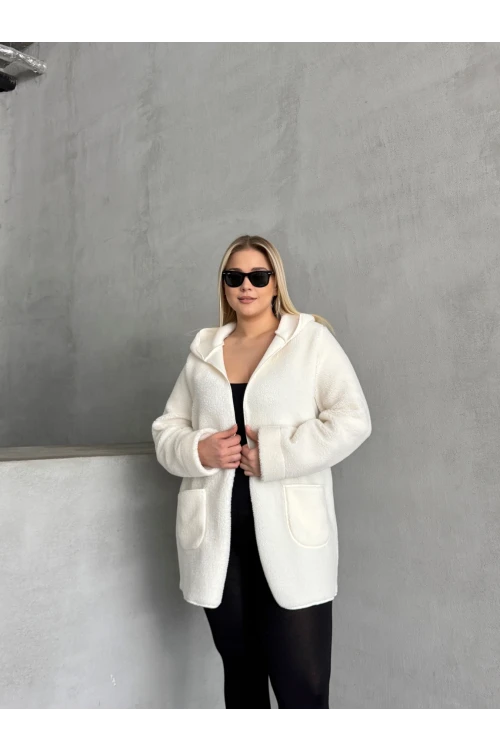 Büyük Beden Önü Kapamasız Cepli Kapüşonlu İnce Peluş Ceket 301256