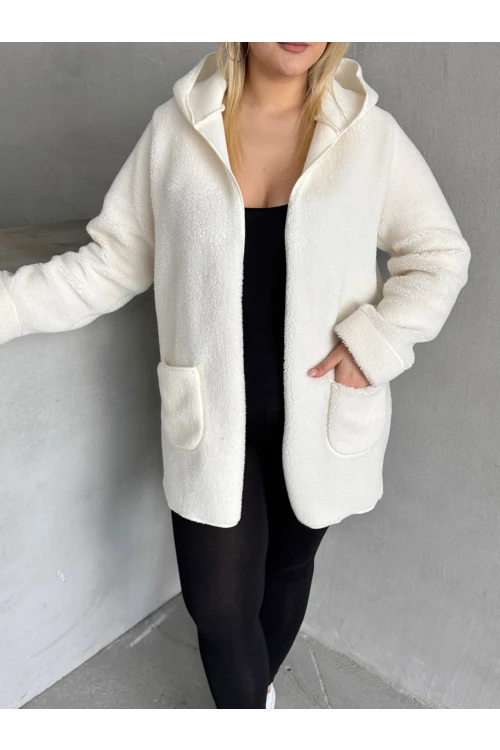 Büyük Beden Önü Kapamasız Cepli Kapüşonlu İnce Peluş Ceket 301256