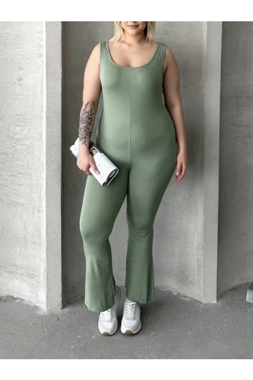 Büyük Beden Sıfır Kol İspanyol Paça Kapamasız Esnek Tulum 224983