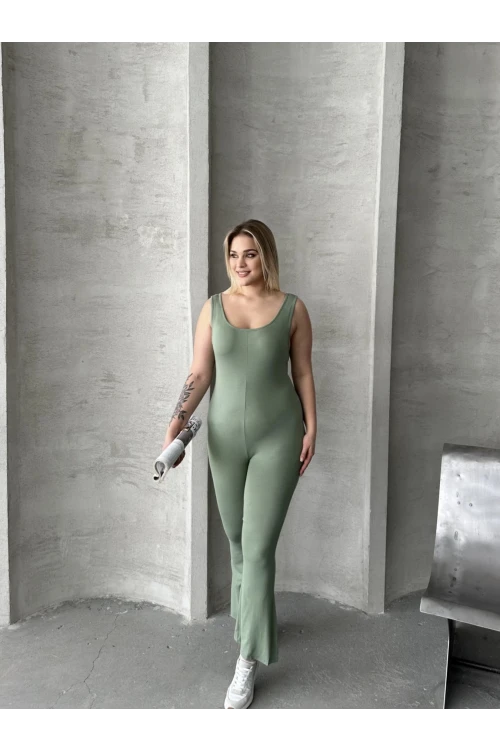 Büyük Beden Sıfır Kol İspanyol Paça Kapamasız Esnek Tulum 224983