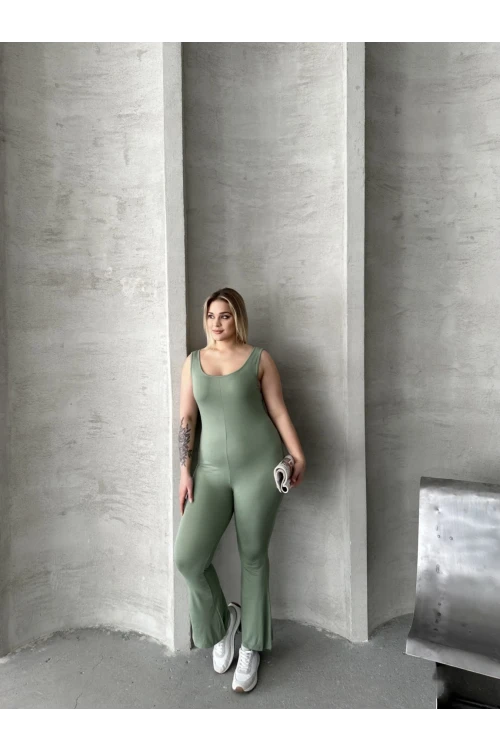 Büyük Beden Sıfır Kol İspanyol Paça Kapamasız Esnek Tulum 224983