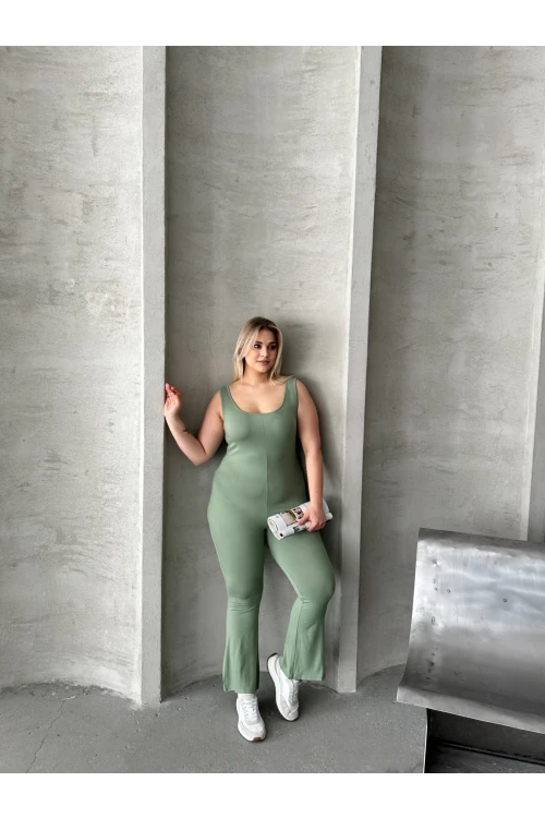 Büyük Beden Sıfır Kol İspanyol Paça Kapamasız Esnek Tulum 224983