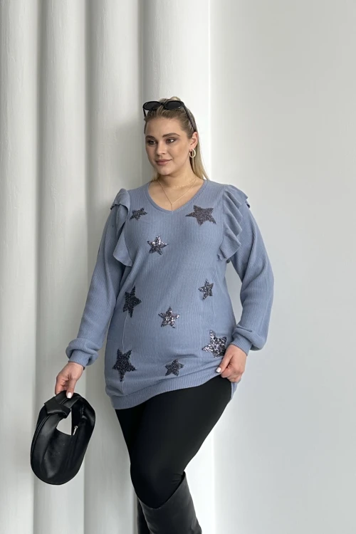 Büyük Beden Uzun Kolları Fırfırlı Yıldız Desen İşlemeli Bluz 301234