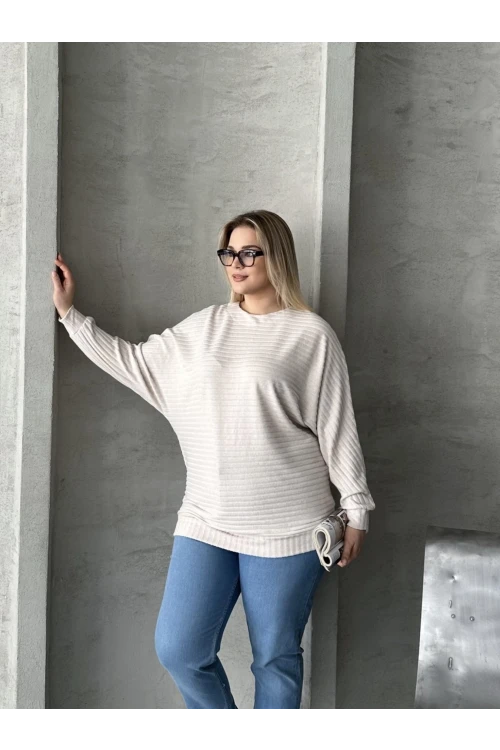 Büyük Beden Uzun Kollu Beli Lastikli Bisiklet Yaka Fitilli Kazak 615140