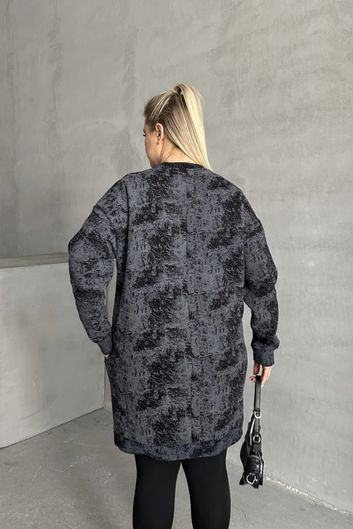 Büyük Beden Uzun Kollu Bisiklet Yaka Cepli Desenli Elbise 106-75