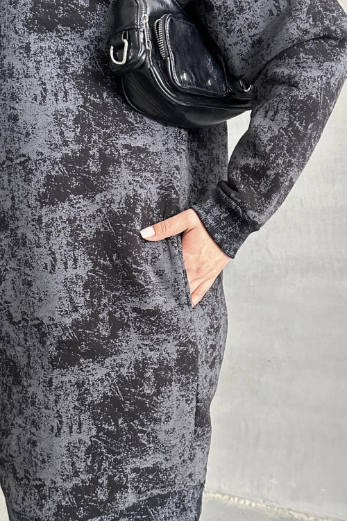 Büyük Beden Uzun Kollu Bisiklet Yaka Cepli Desenli Elbise 106-75